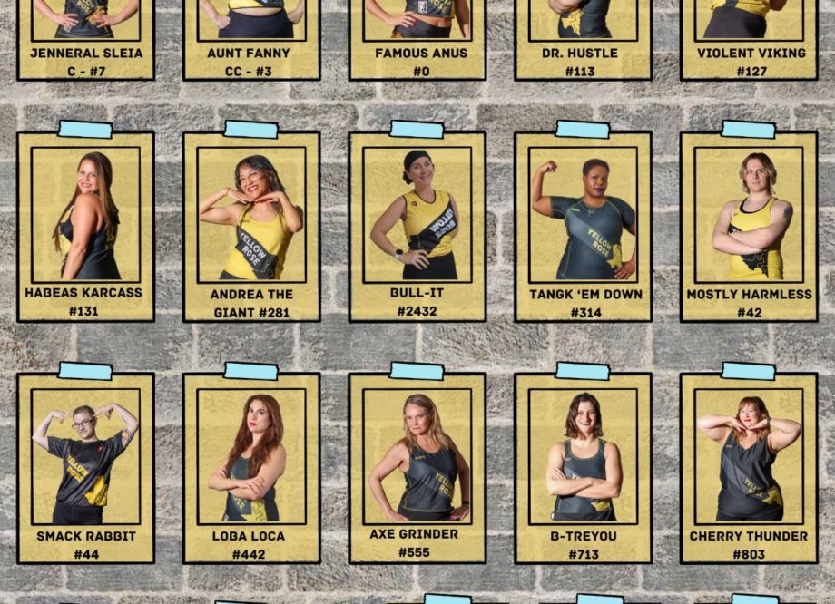 Flyer with individual pictures of all the skaters that make up the Yellow Rose Roller Derby All Stars Team.