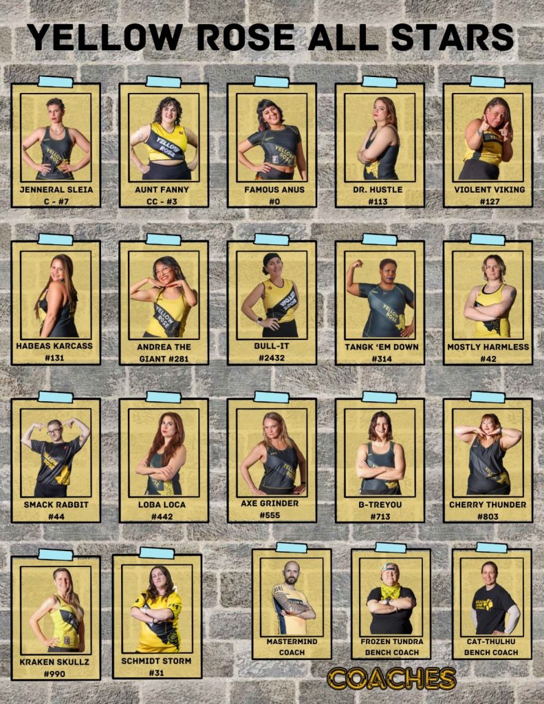 Flyer with individual pictures of all the skaters that make up the Yellow Rose Roller Derby All Stars Team.