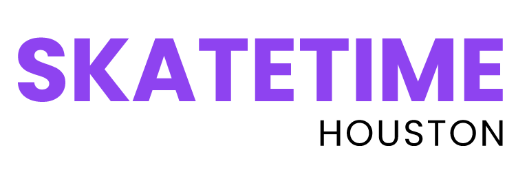 Logo image with the text "Skatetime Houston. Text is purple and black and background is white. 